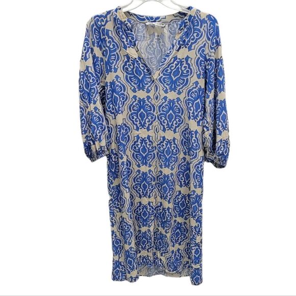 Zara printed midi dress Blue Cream Balloon Sleeves Small - Picture 1 of 6